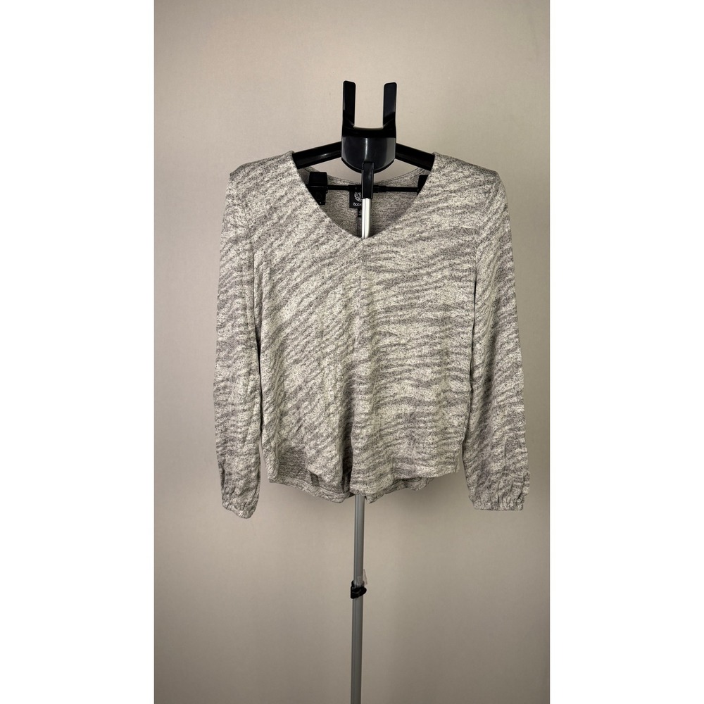 Bobeau Womens Grey Space Dye V-Neck Long Sleeve Pleated Back Top Size S
